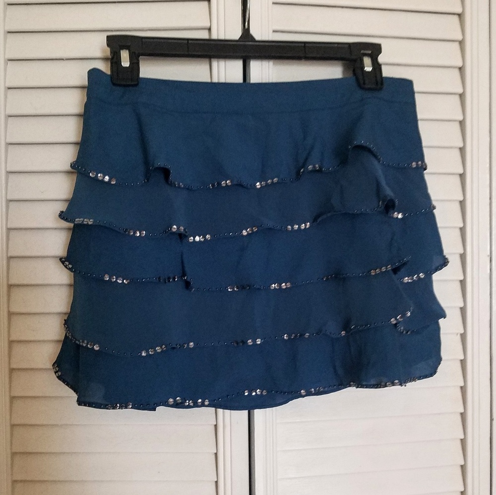 Dark teal blue tiered sequined miniskirt
